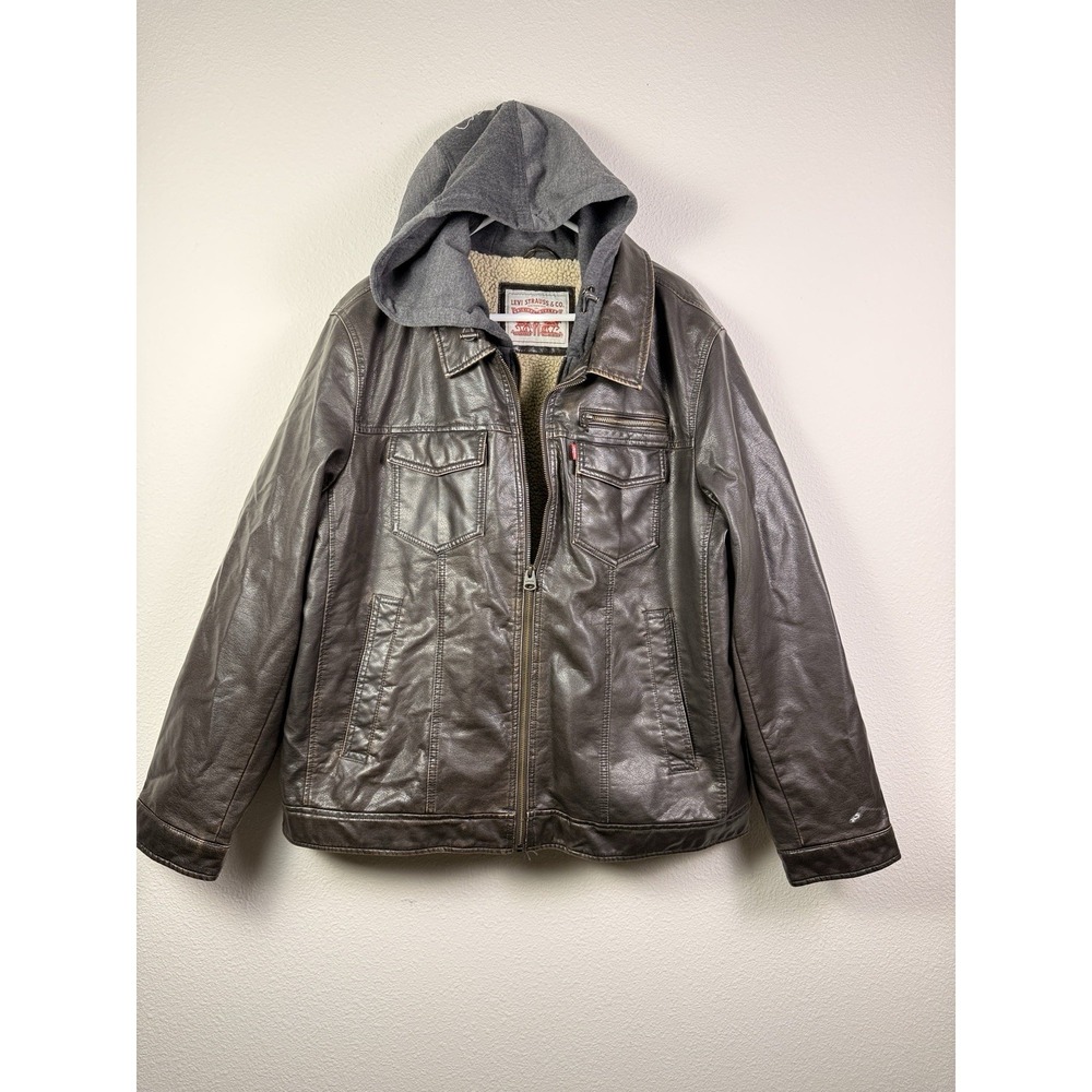 Levi Strauss Faux Leather Bomber Jacket Sherpa Lined‎ w/ Hood Men XL